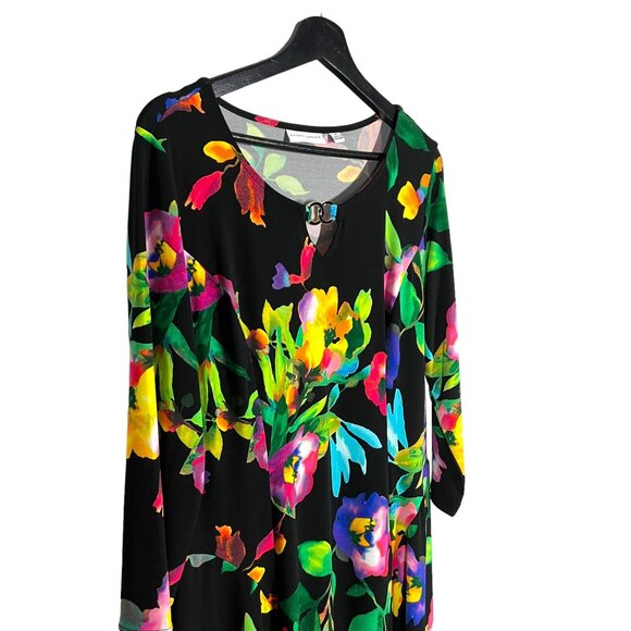 Susan Graver Black Multicolor Floral Long Sleeve A Line Midi Dress Medium - Picture 2 of 11